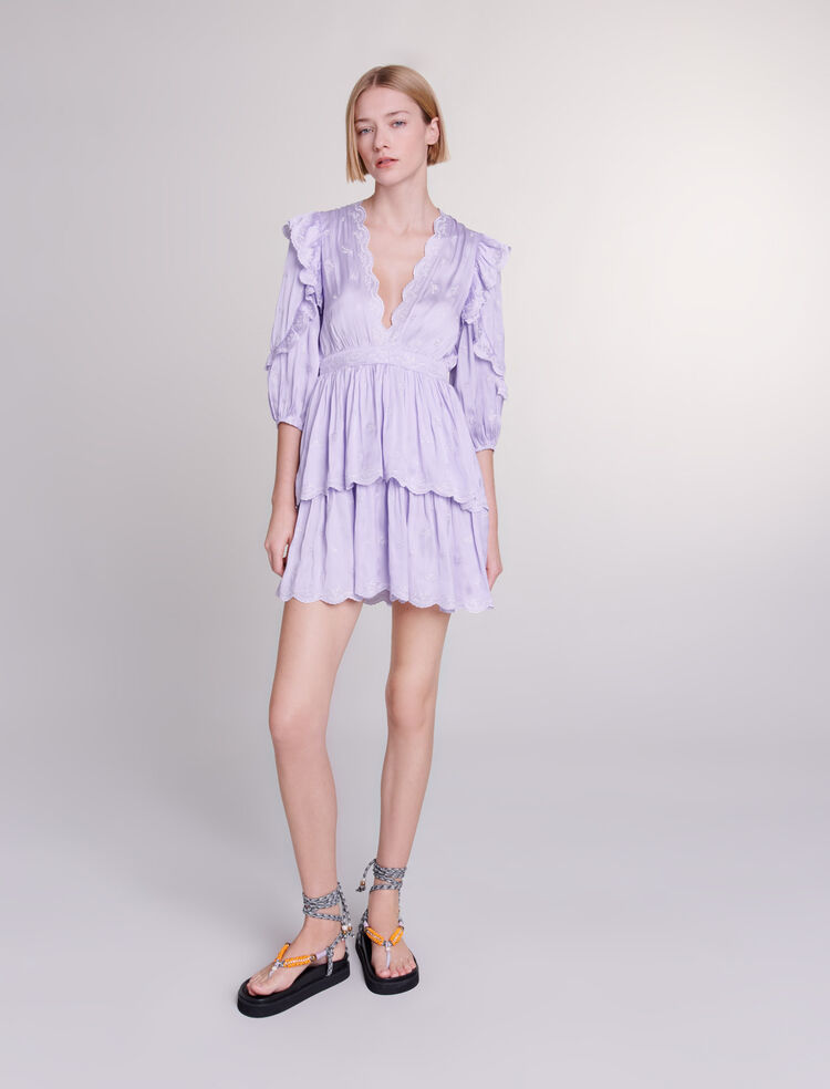 Pleated Ruffle Buttoned Deep V-Neck Dress in Lilac