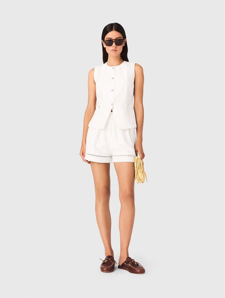 Embroidered linen blend shorts