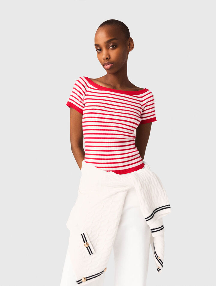 Striped knit top with boat neck