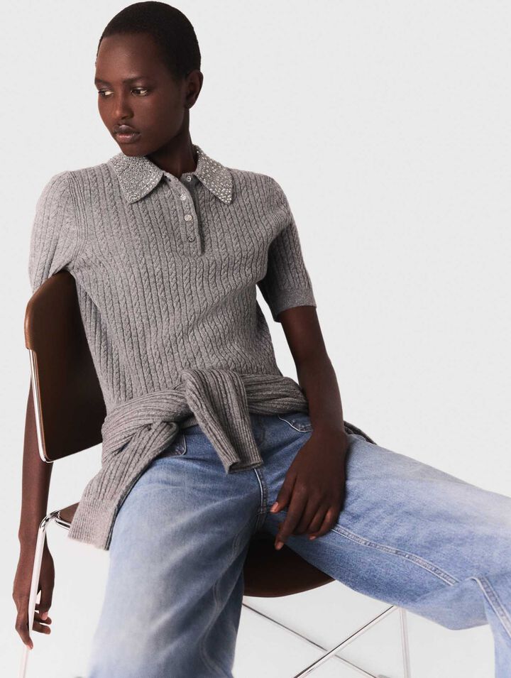 Wool polo shirt with rhinestone collar