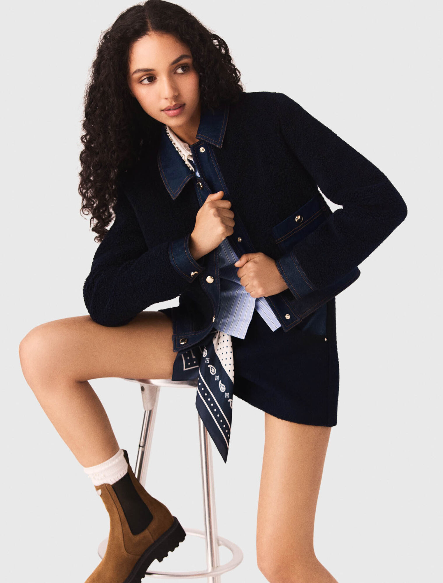 Boucl&eacute; and denim-detail jacket