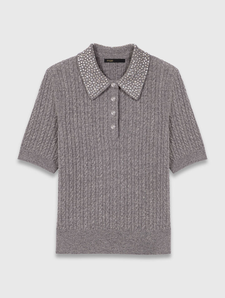 Wool polo shirt with rhinestone collar