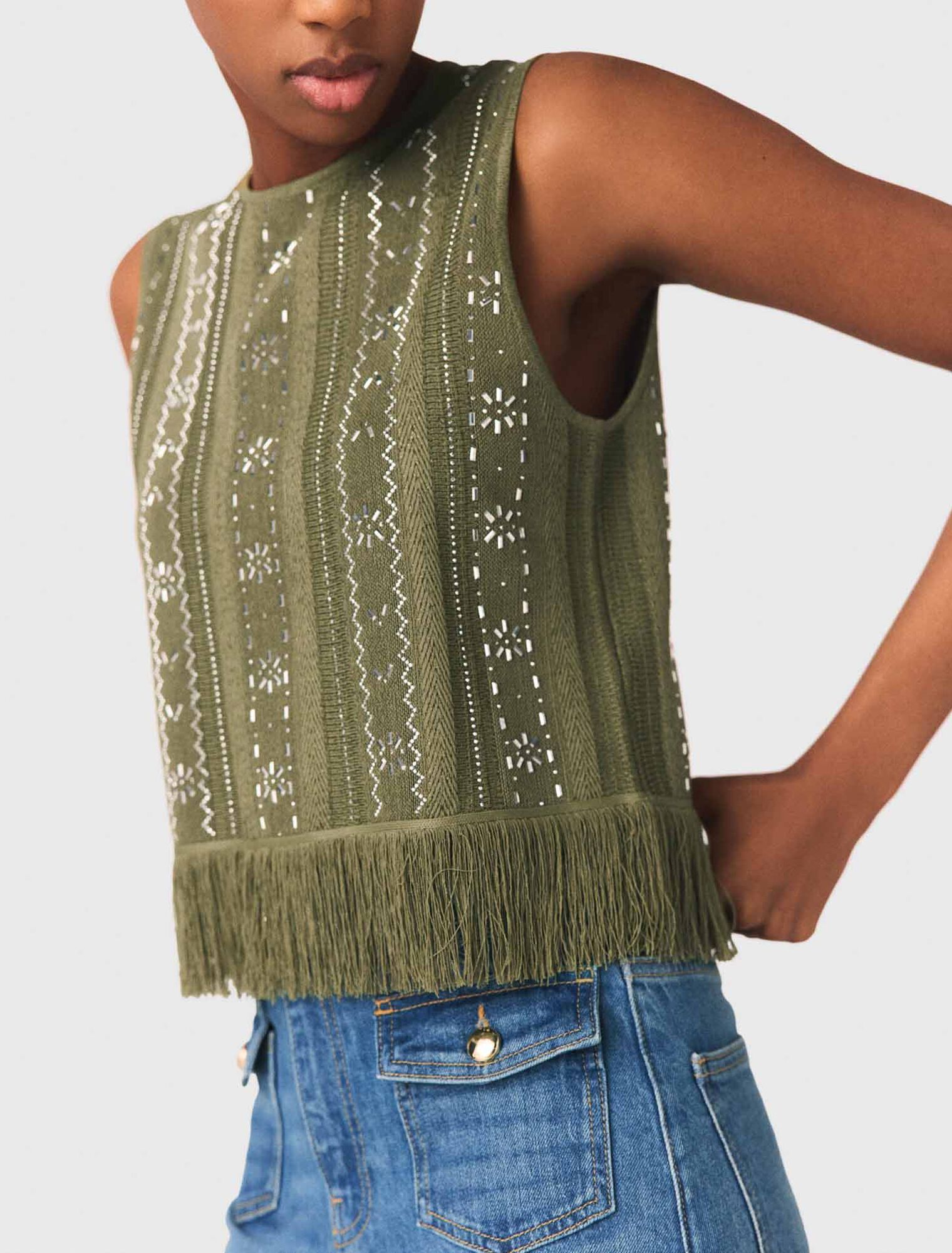 Fringed rhinestone flower top