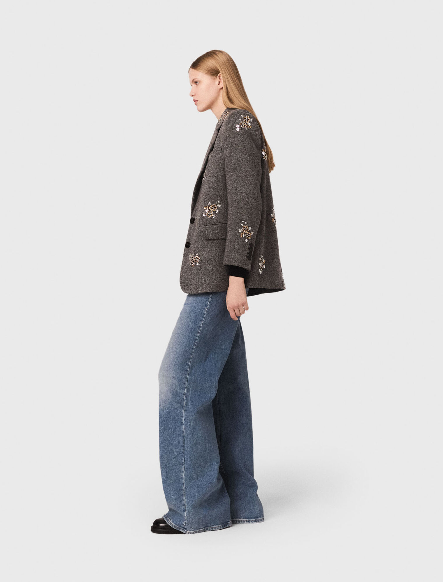 Flower-embroidered wool jacket