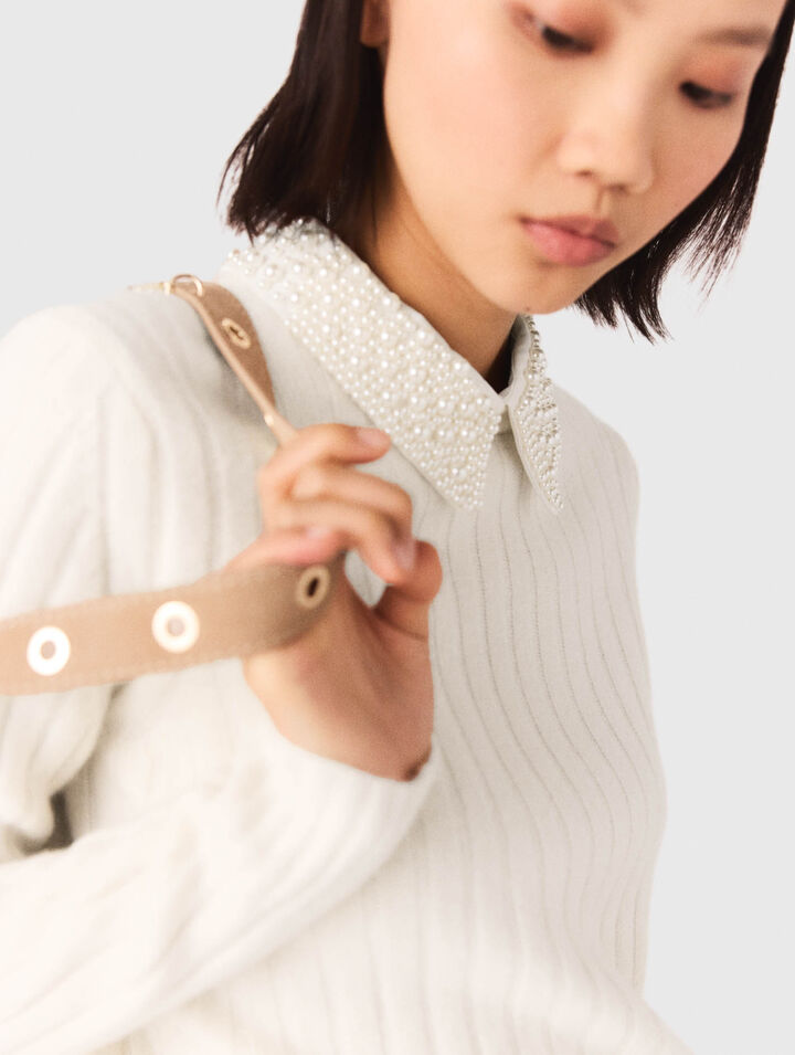 Pearl-collar ribbed jumper