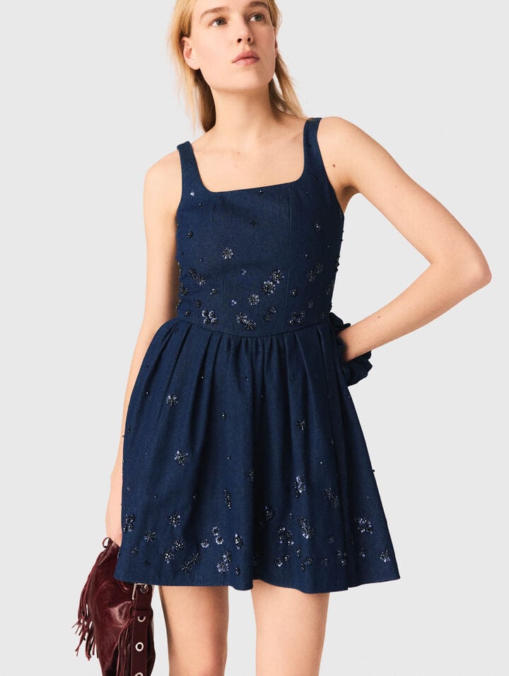 Flared embroidered denim dress