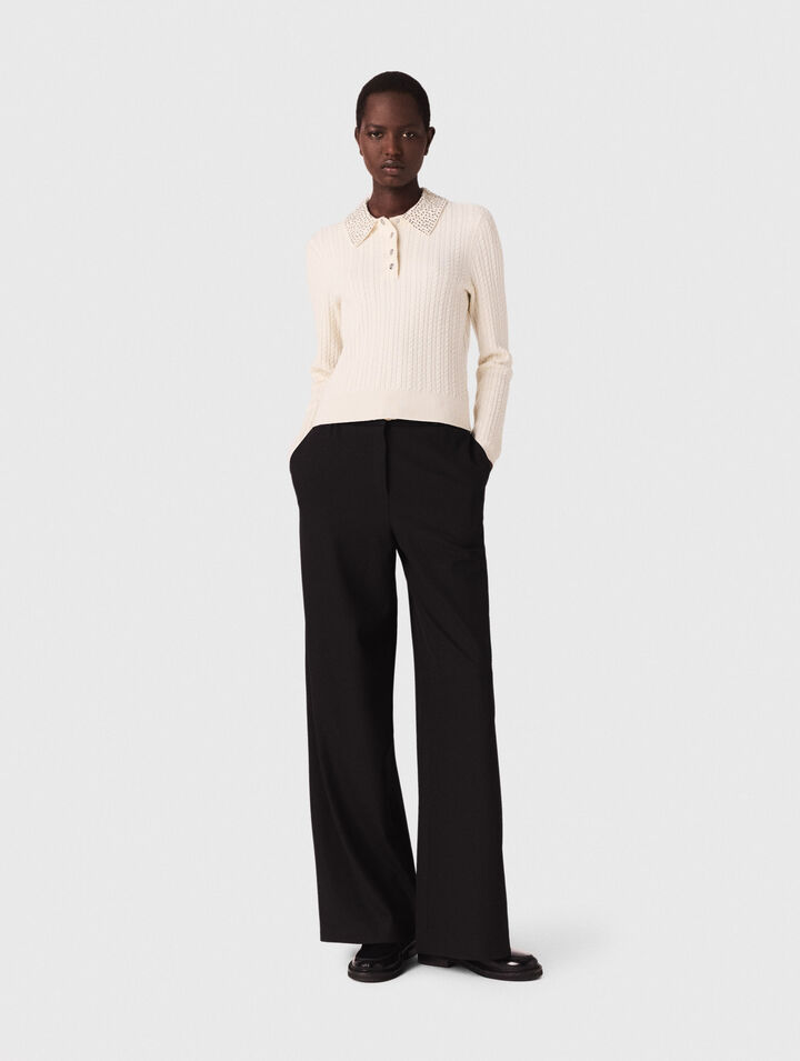 Knit polo shirt with rhinestone collar