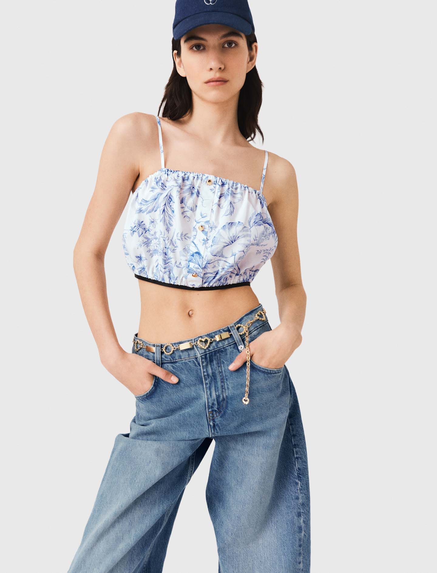 Patterned top with straps Sky Blue Large Flowers Print for Women