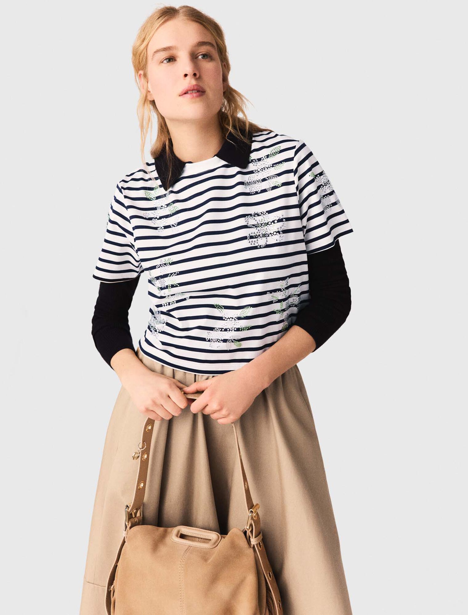 Striped rhinestone flower T-shirt