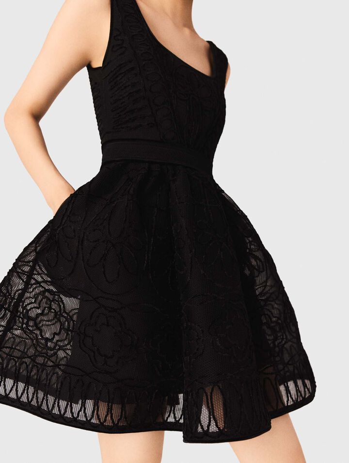 Short embroidered basket knit dress