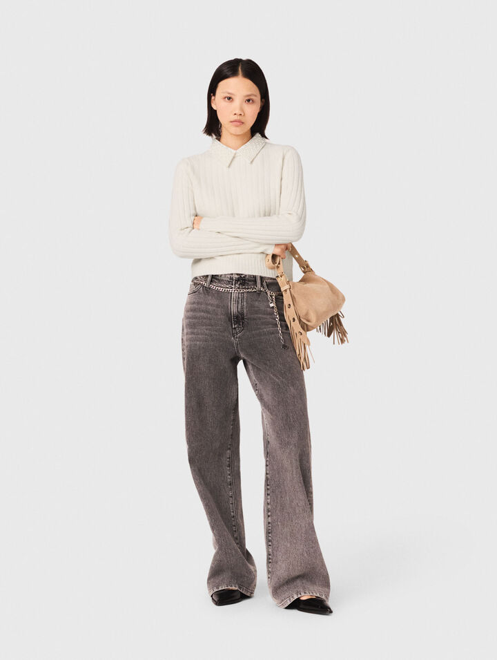 Pearl-collar ribbed jumper