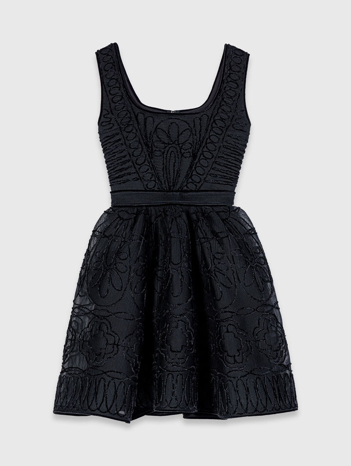 Short embroidered basket knit dress