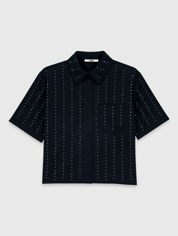 Cropped rhinestone cotton shirt
