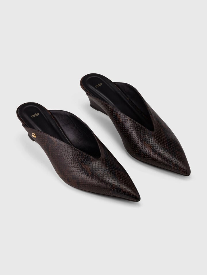 Embossed leather wedge mules