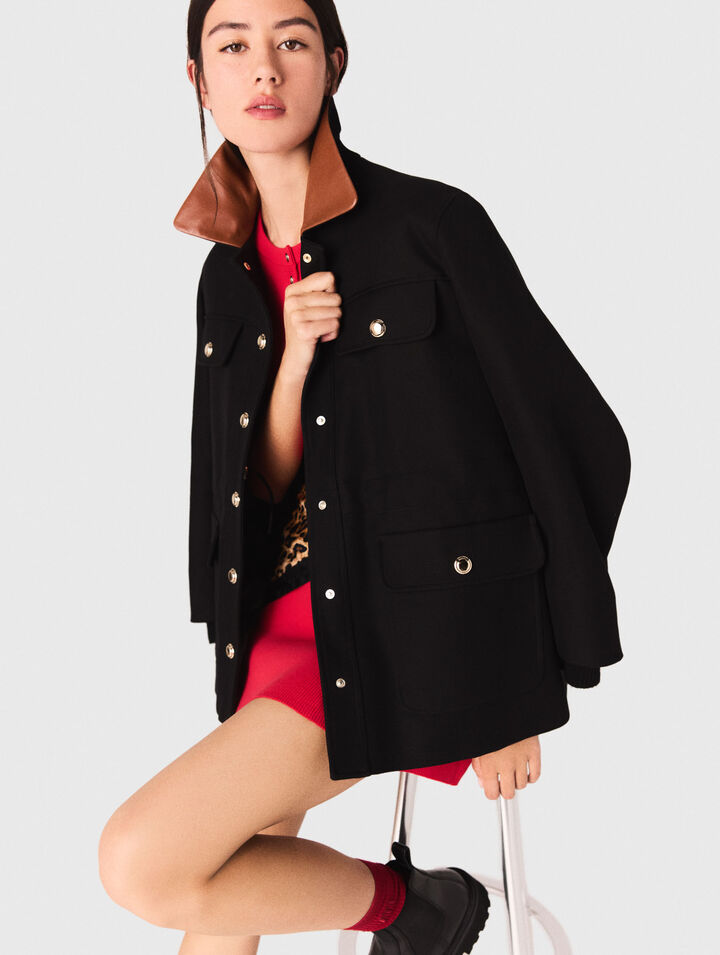 Parka with leather collar