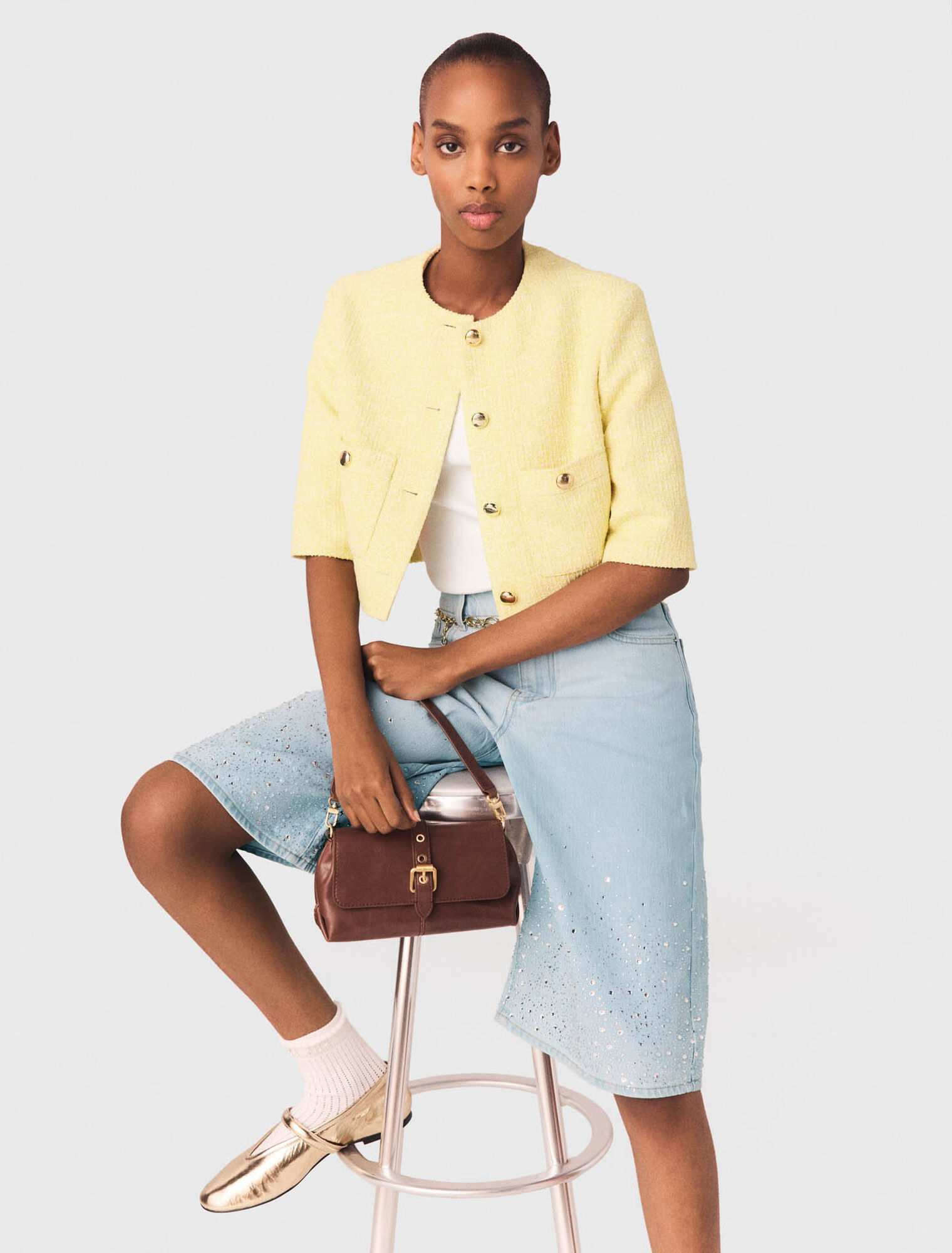 Short-sleeved tweed jacket