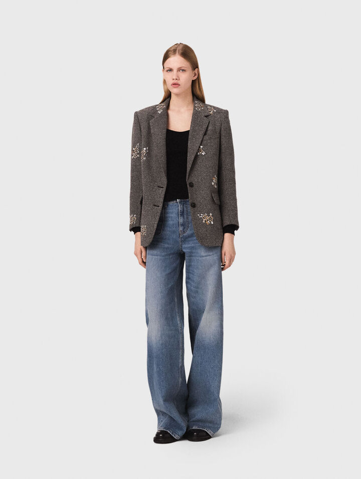 Flower-embroidered wool jacket