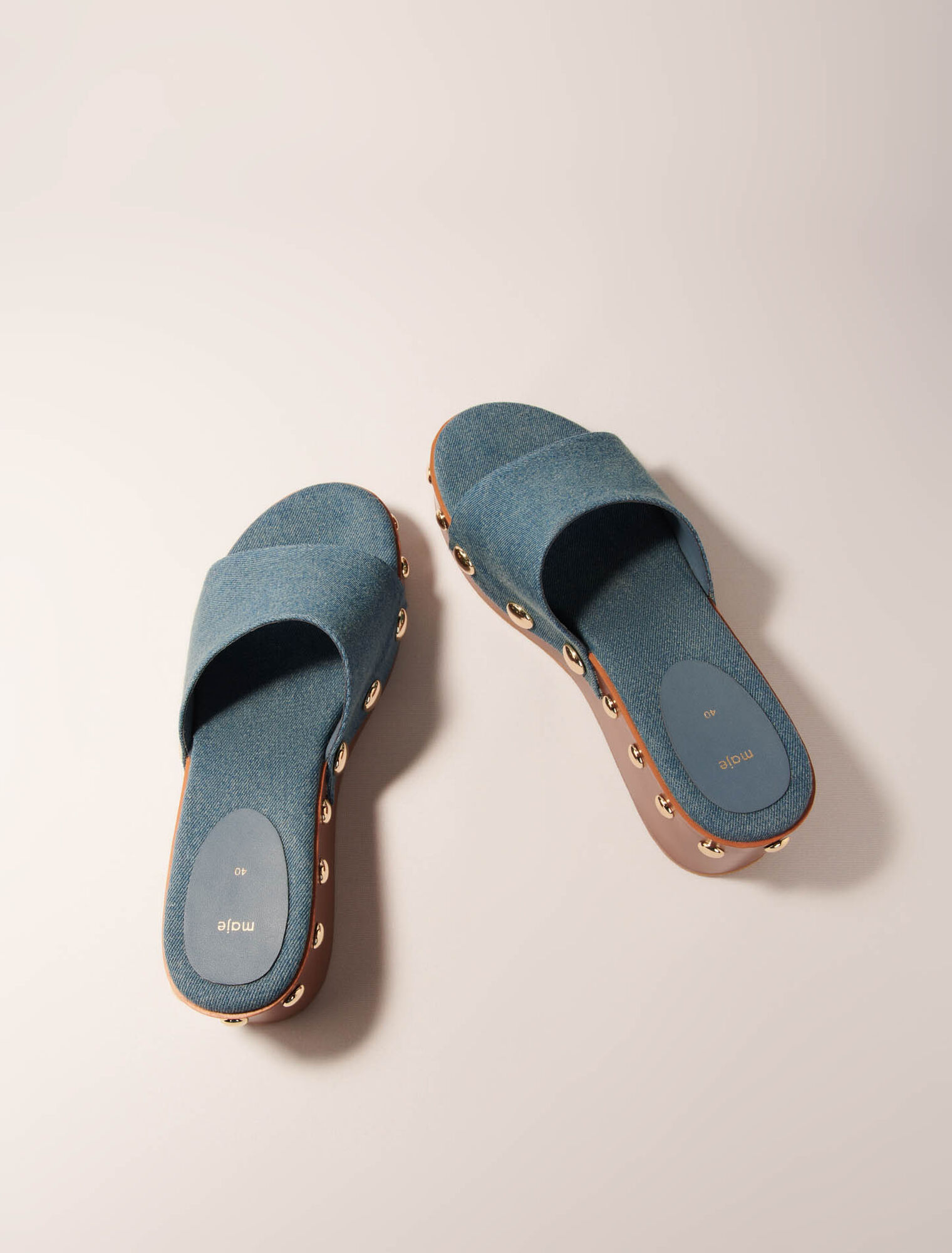 Denim studded wedge mules