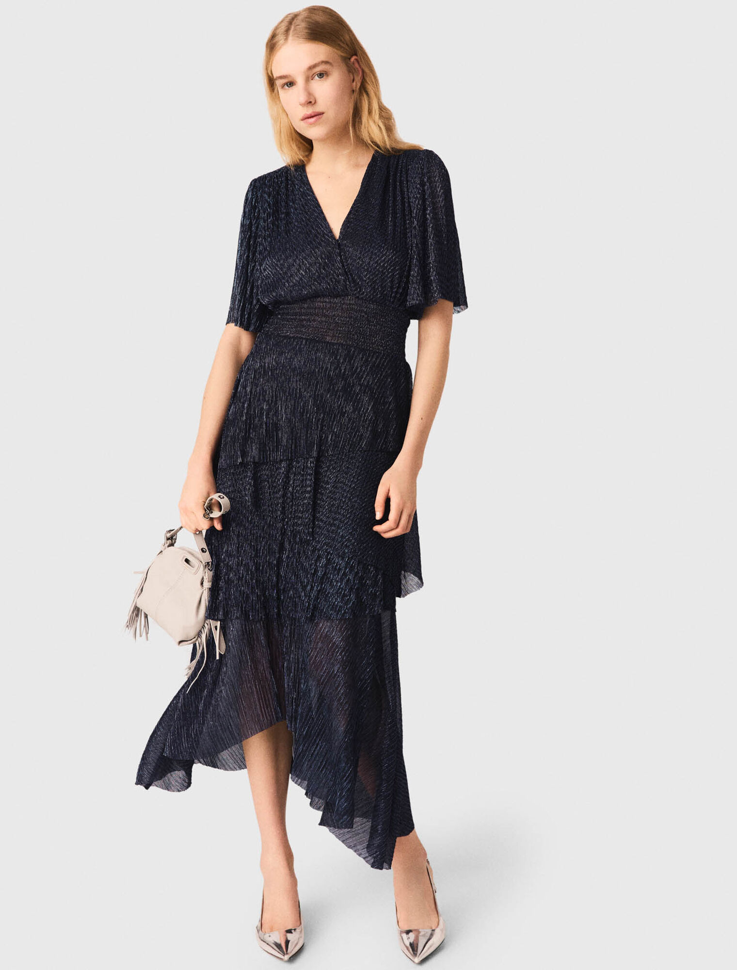 Metallic ruffled midi dress