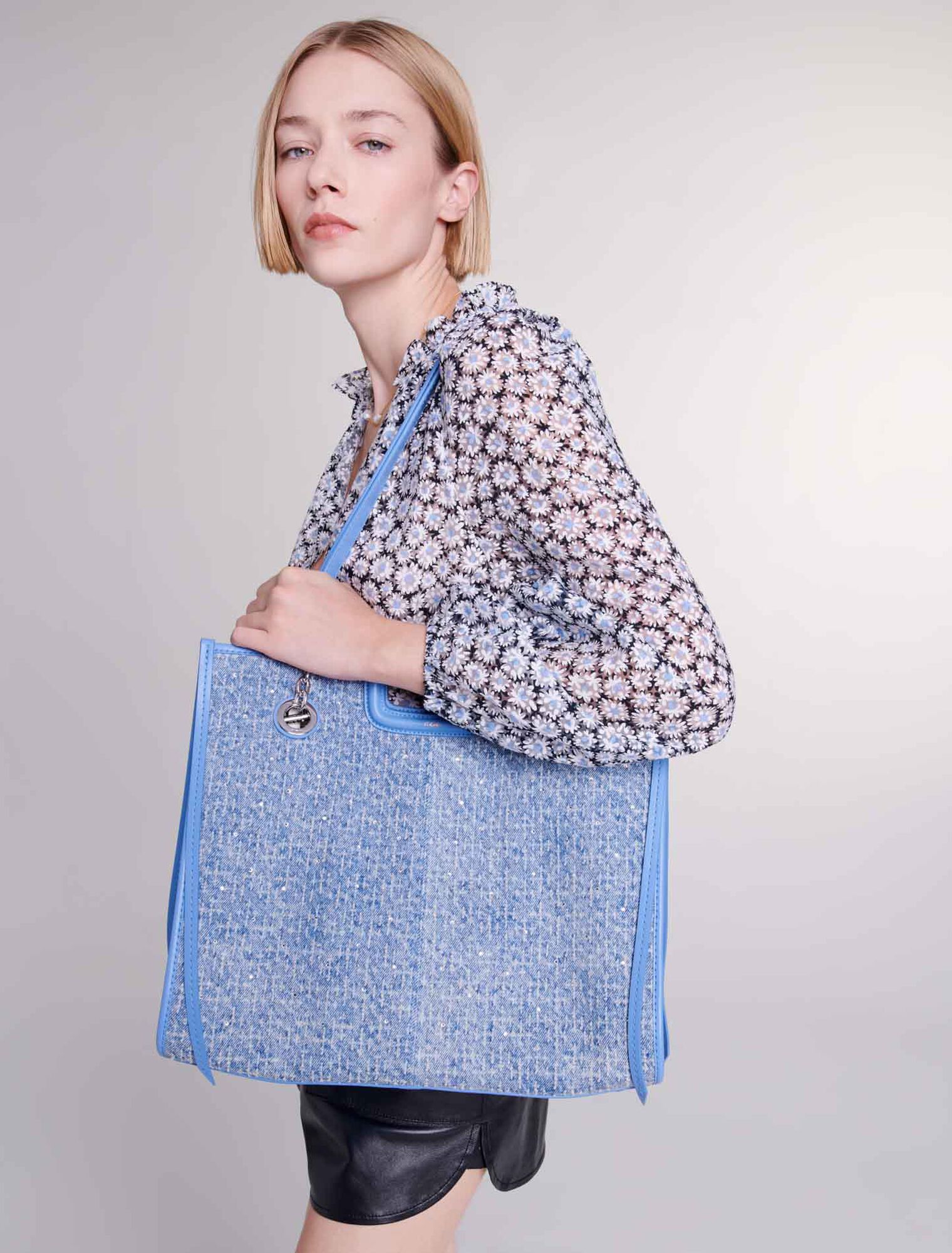 Denim and rhinestone tote bag