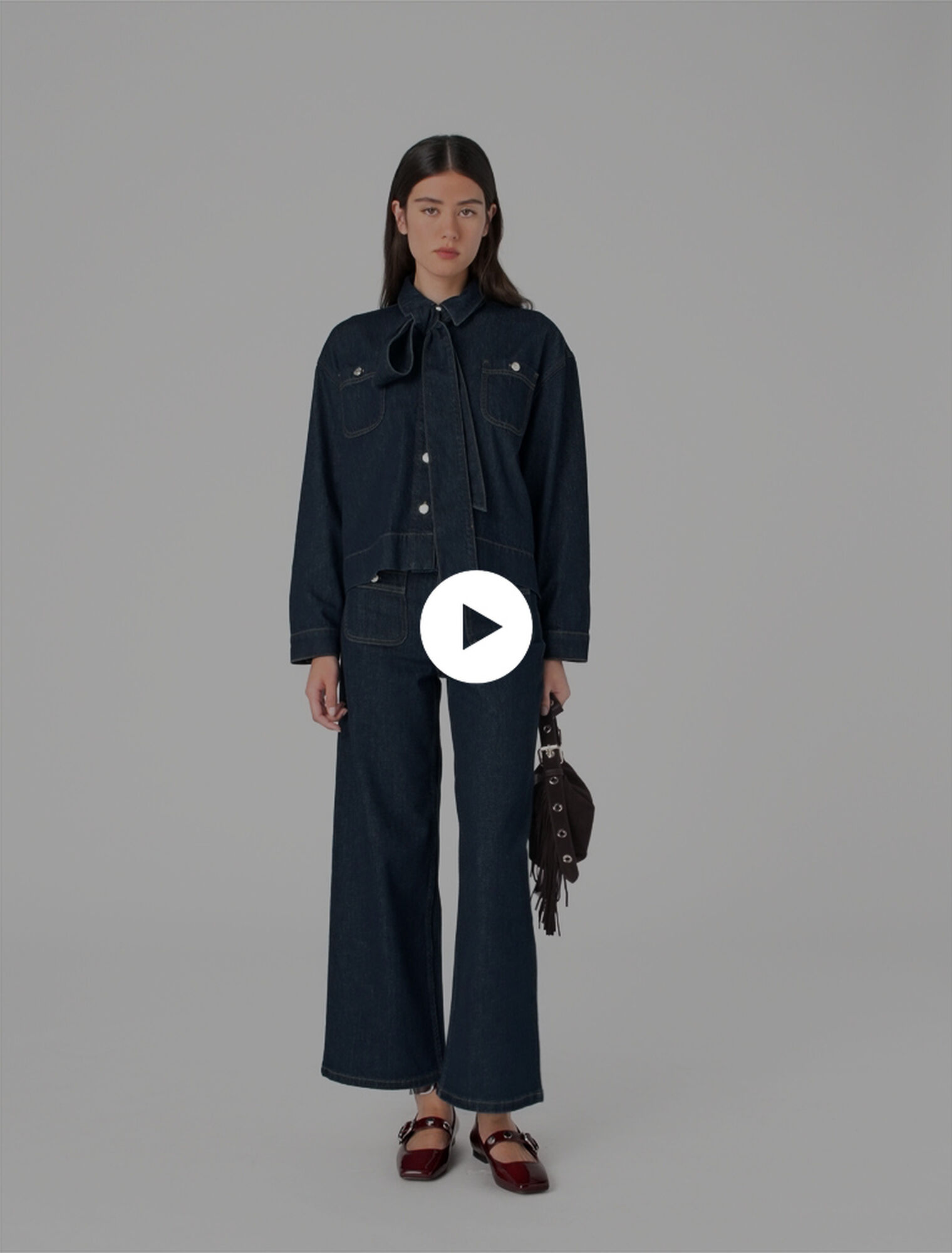 Denim shirt with pussy bow