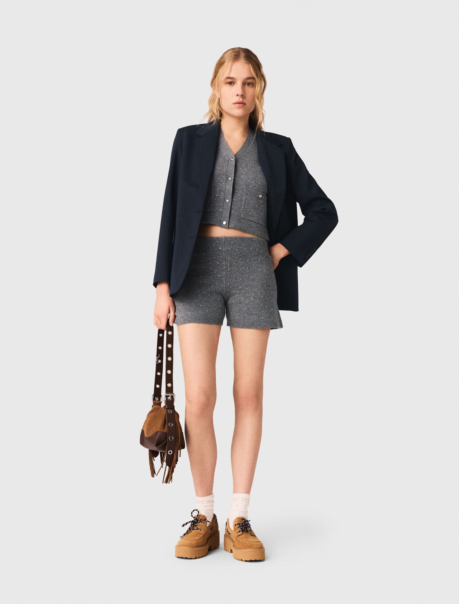 Knit shorts with rhinestones