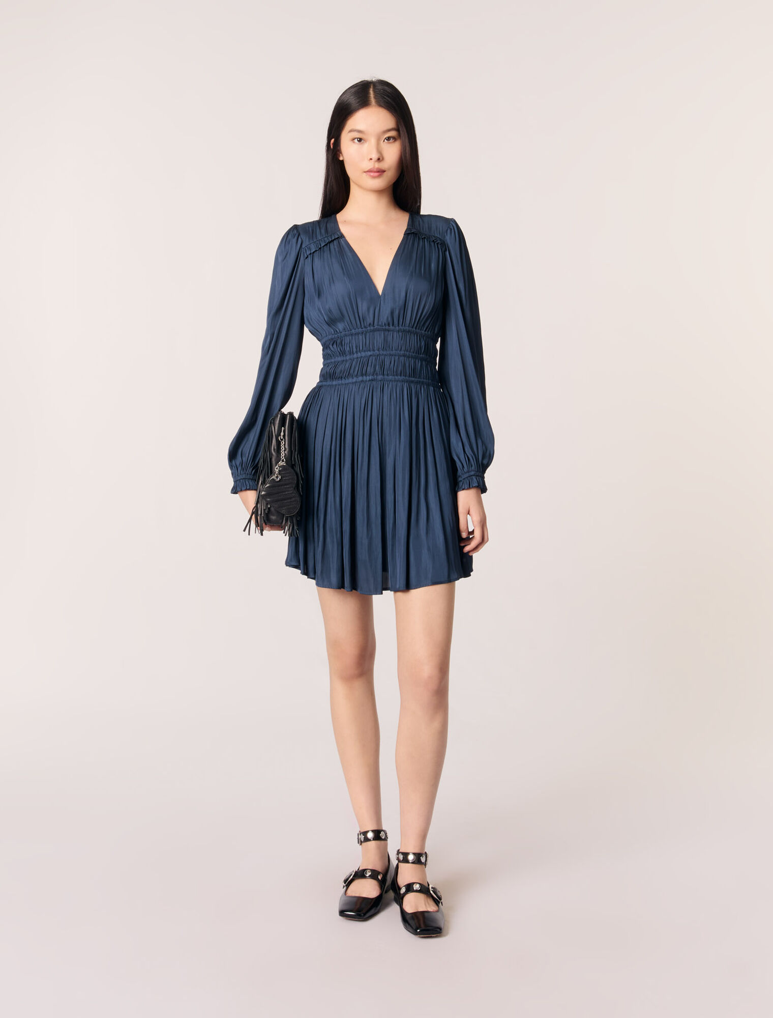 Short satin dress with ruffles