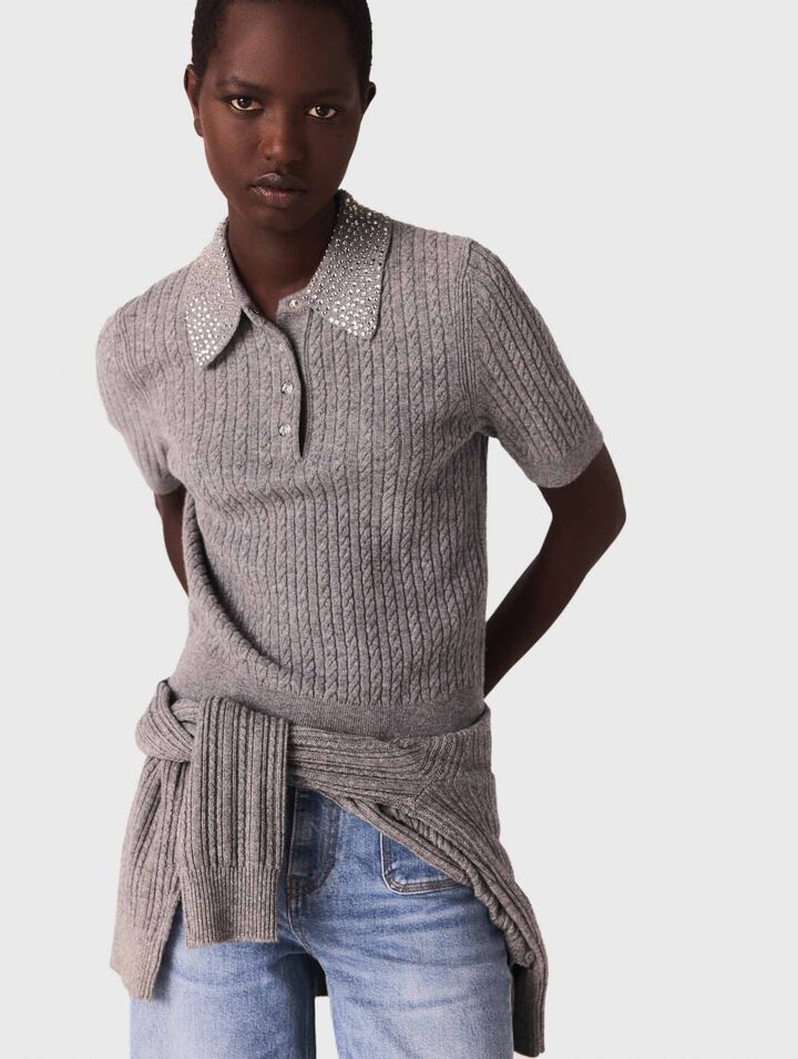Wool polo shirt with rhinestone collar