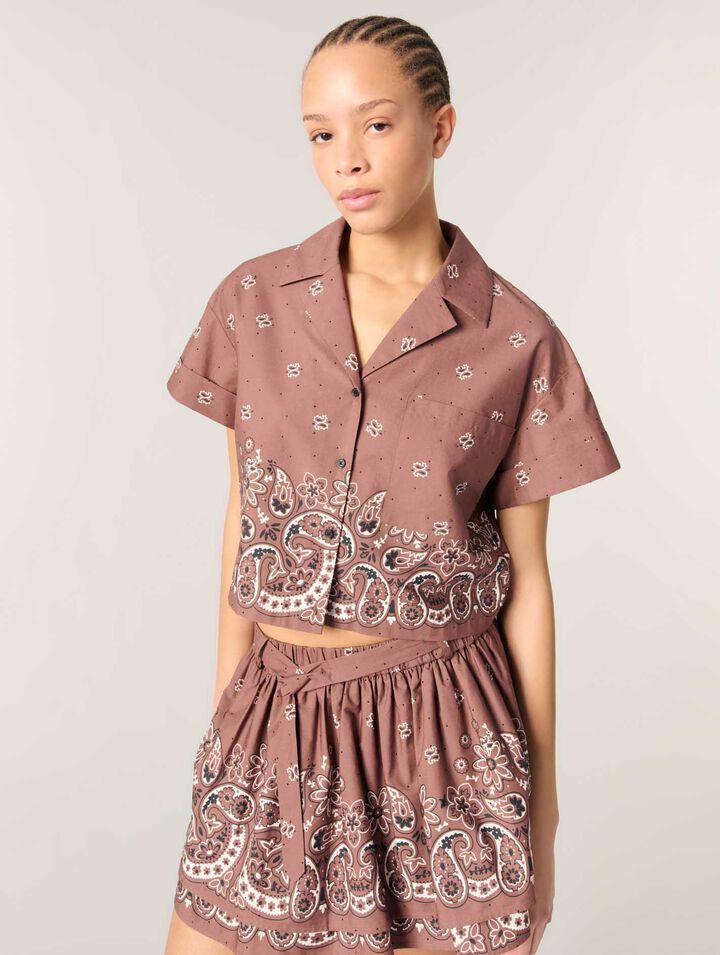 Patterned rhinestone cropped shirt