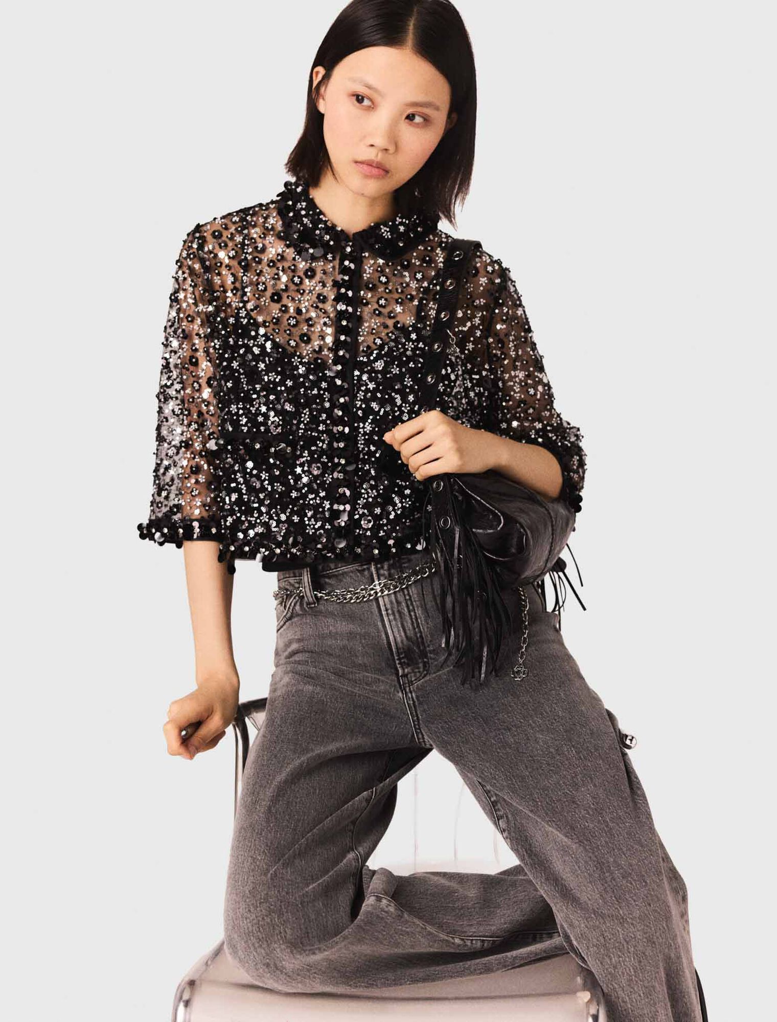 Floral rhinestone polo