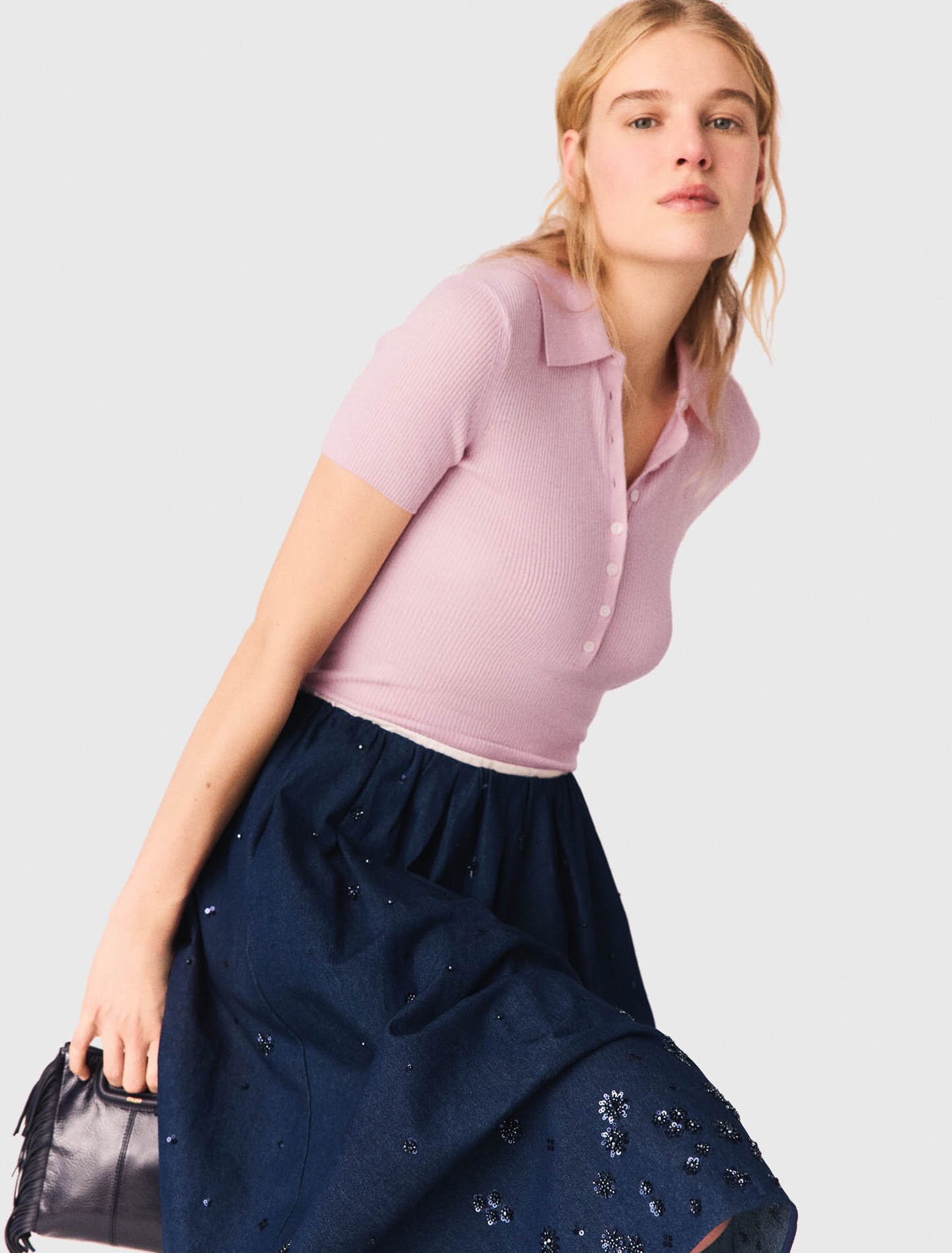 Embroidered denim midi skirt