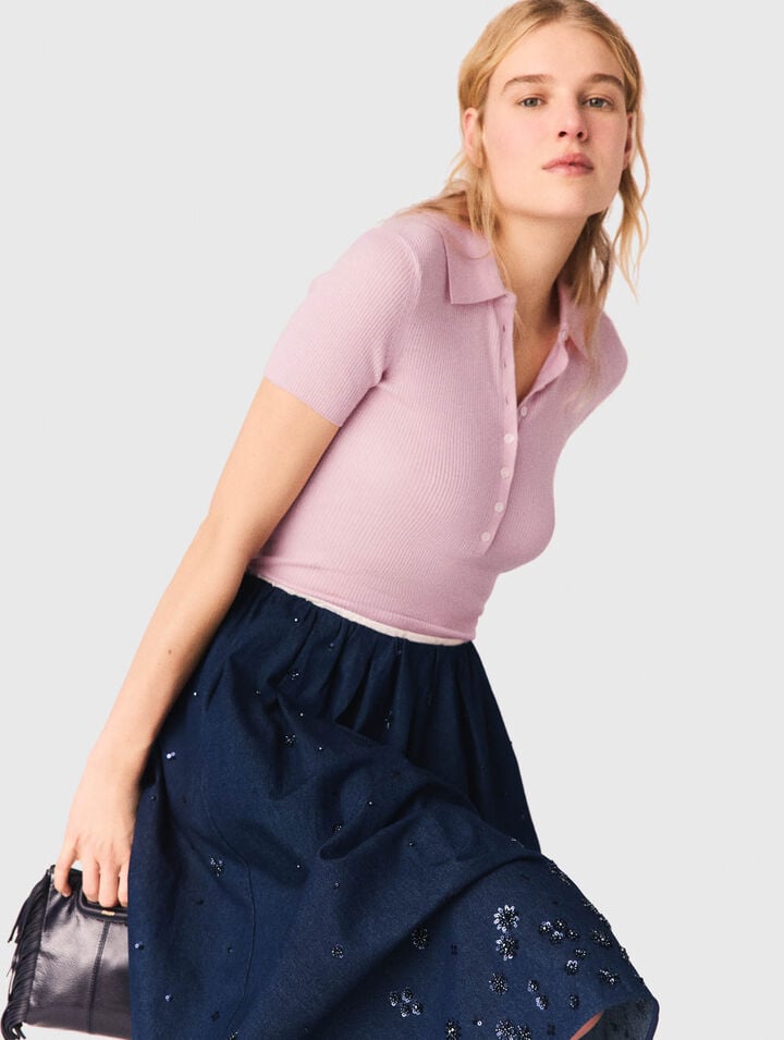 Embroidered denim midi skirt