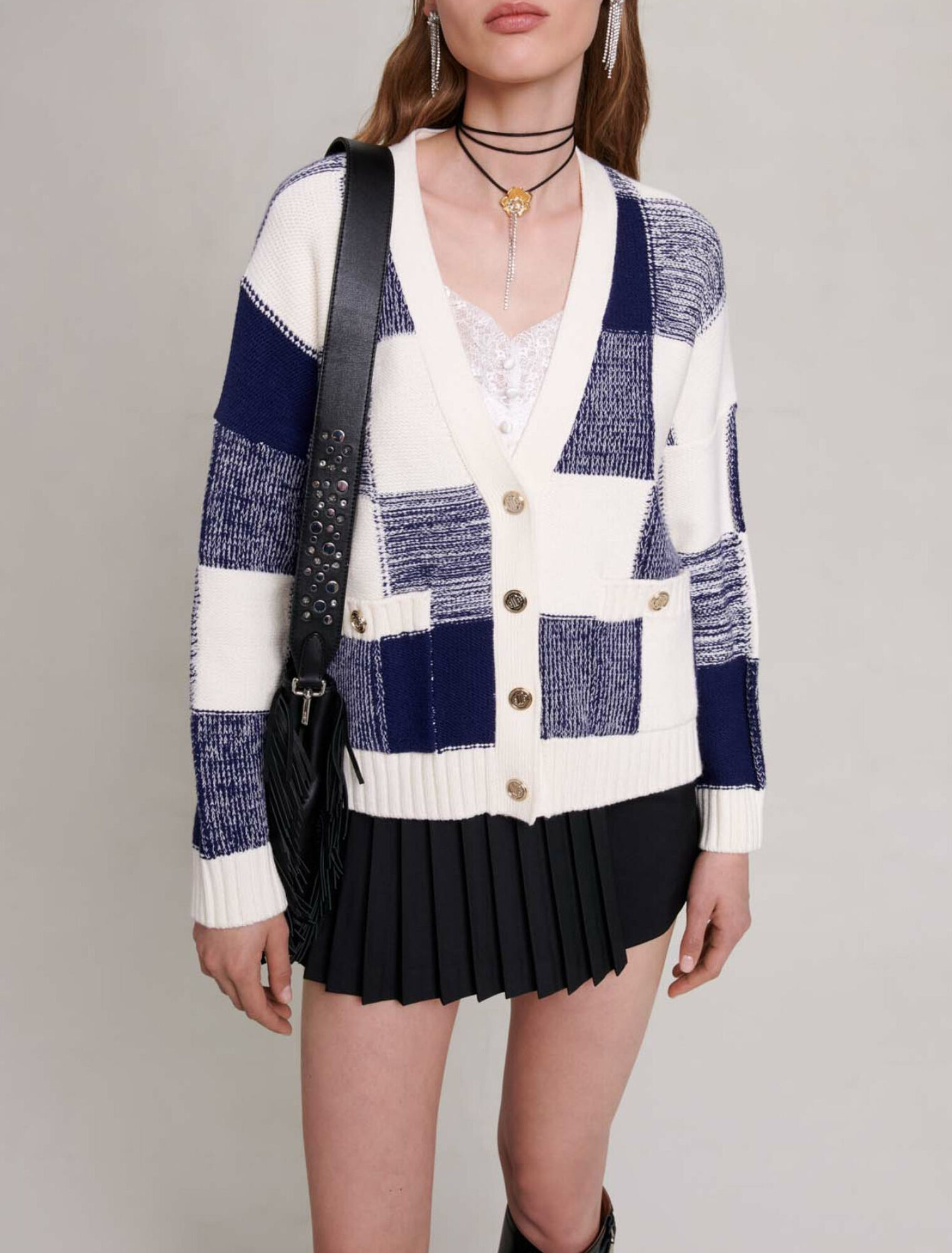 Checked knit cardigan