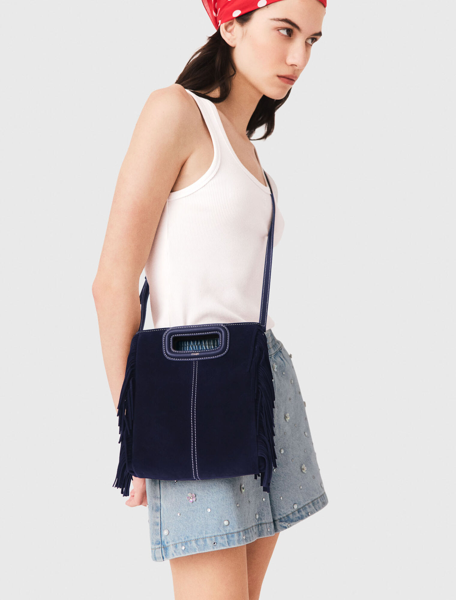 Topstitched suede M bag