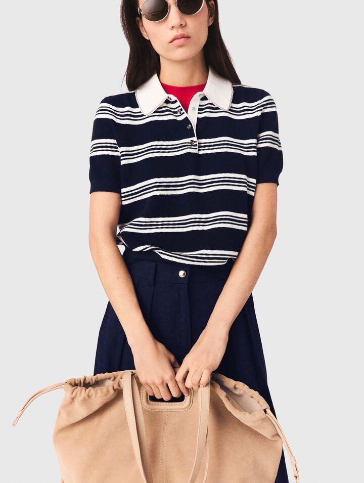 Striped polo with rhinestone collar