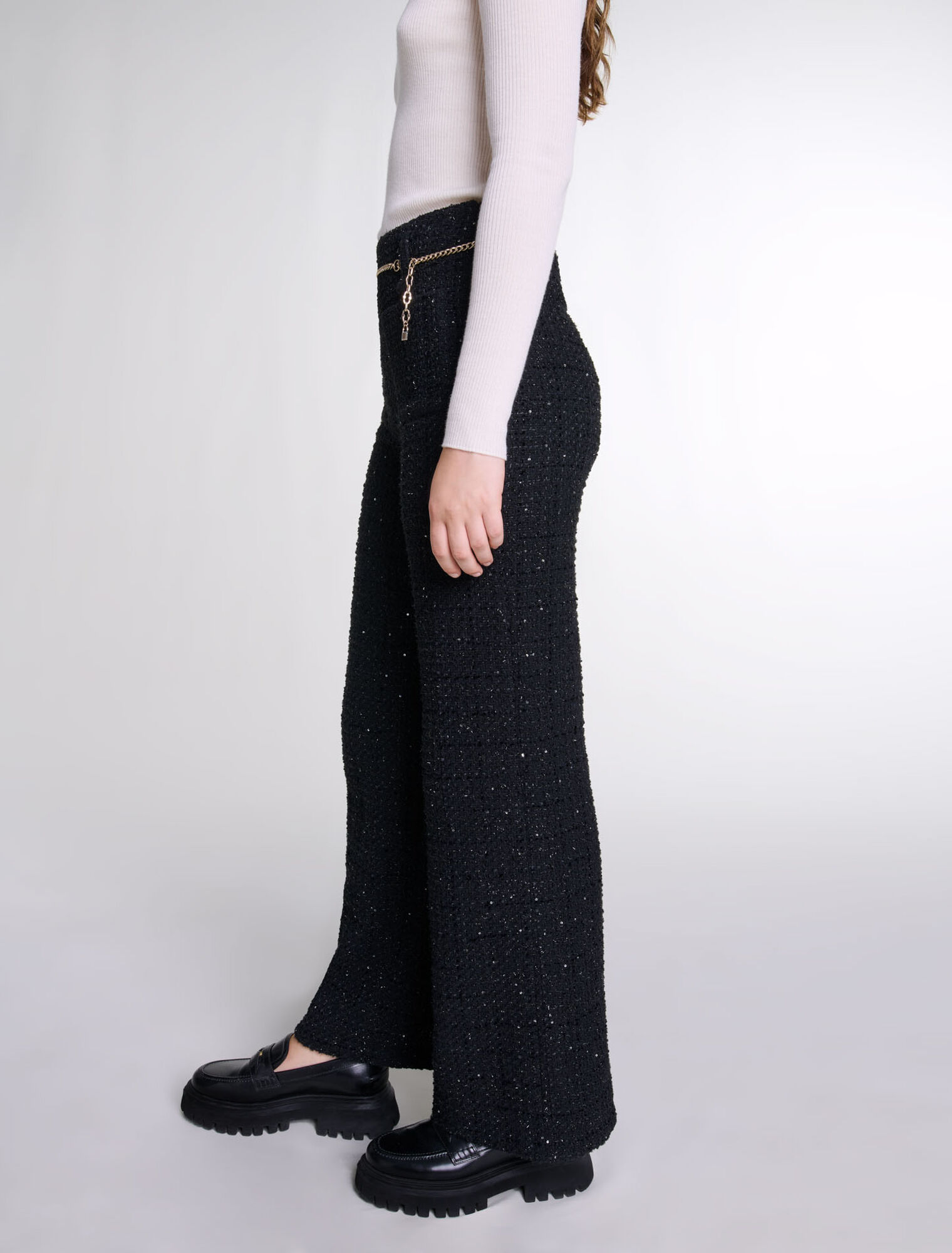 Sequinned tweed trousers