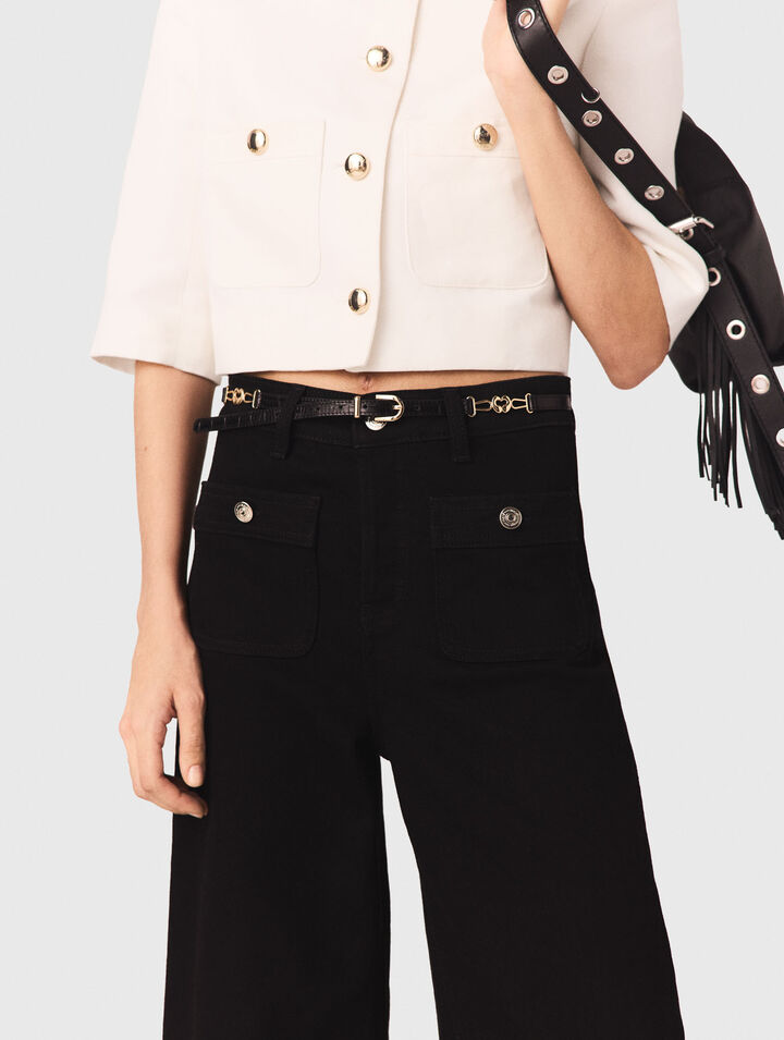 Slim croc-effect leather belt