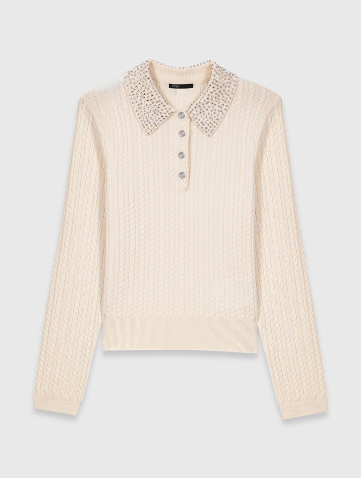 Knit polo shirt with rhinestone collar