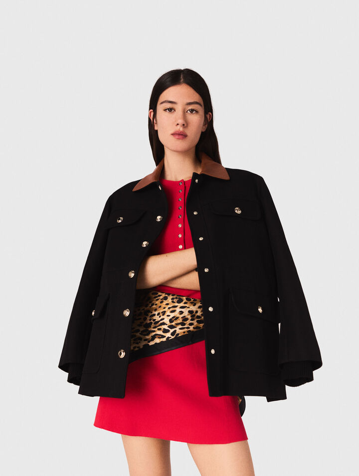 Parka with leather collar