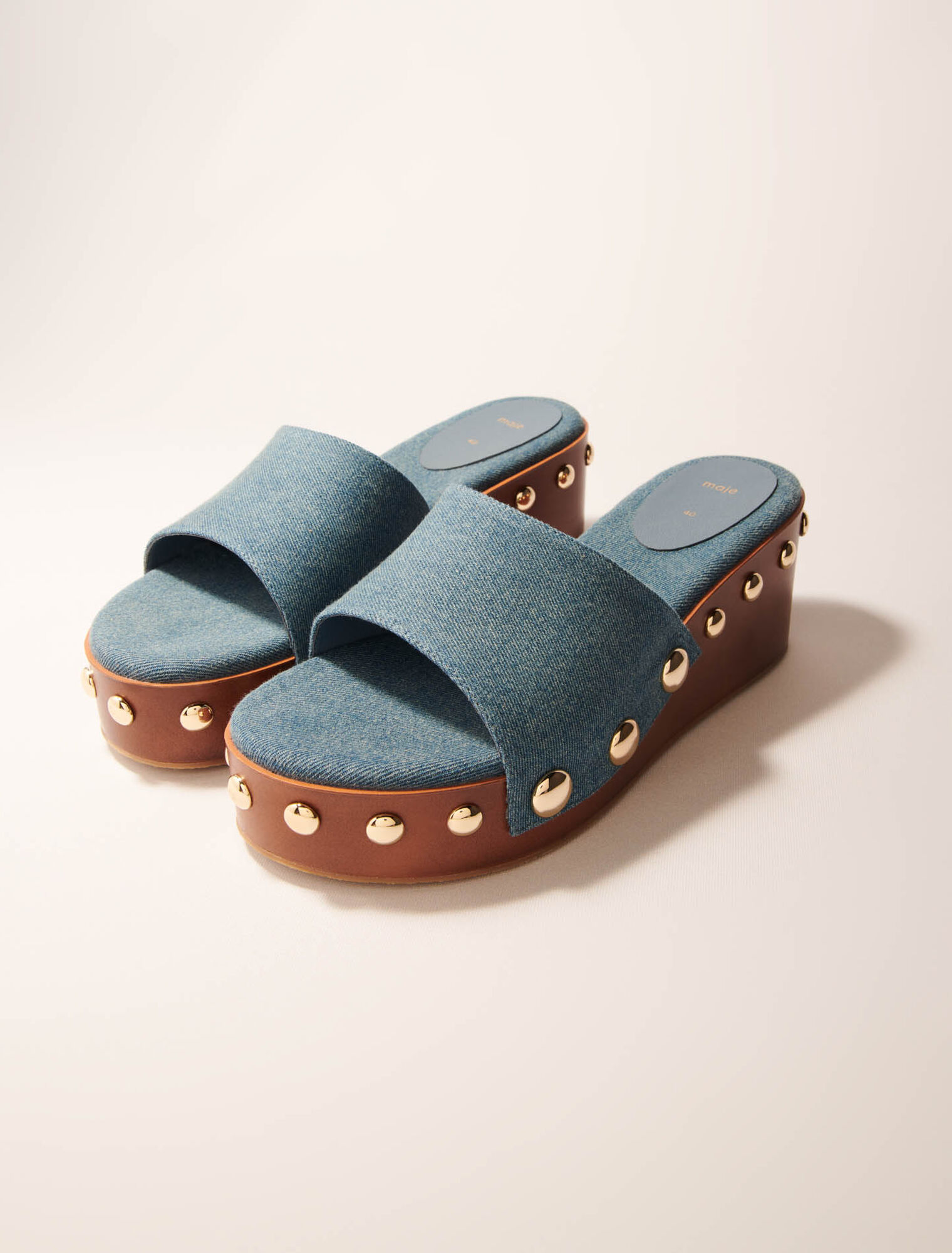 Denim studded wedge mules