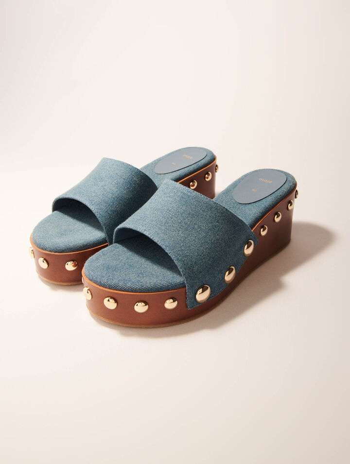 Denim studded wedge mules