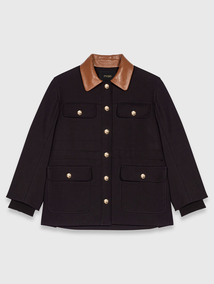 Parka with removable leather collar