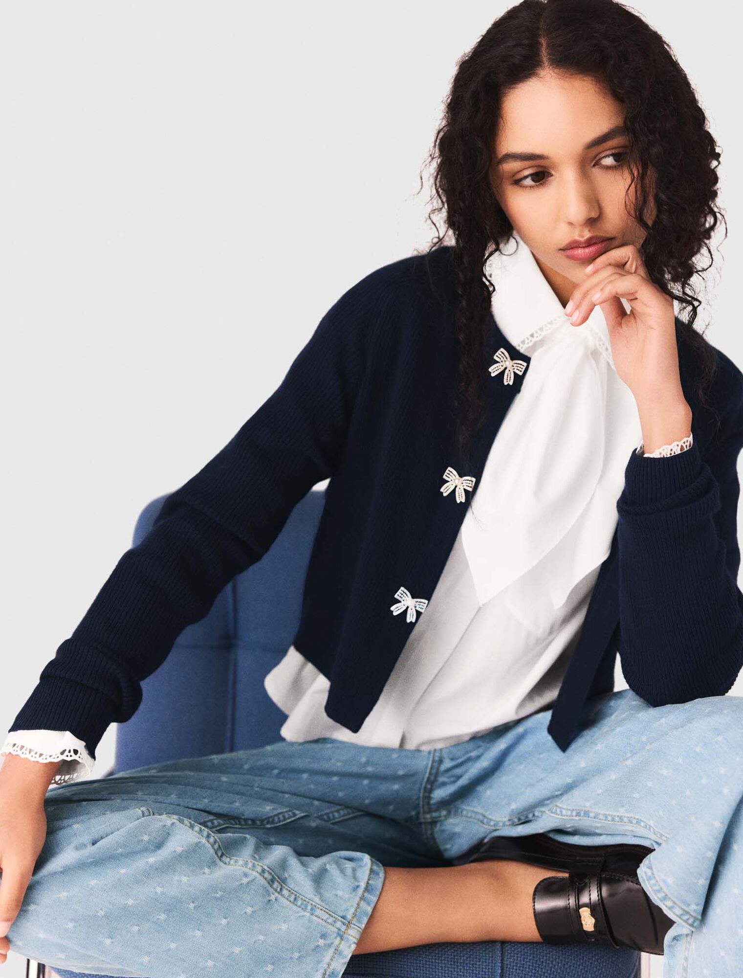 Jewelled bow-button cardigan