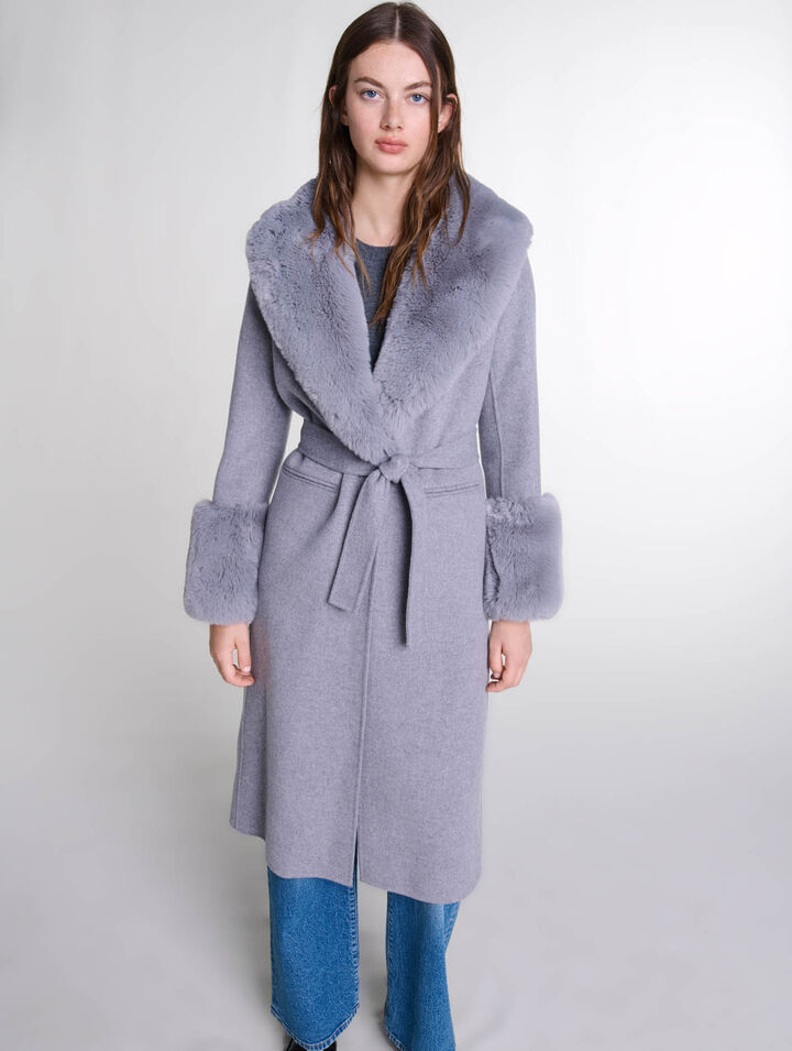 Long coat with faux fur collar