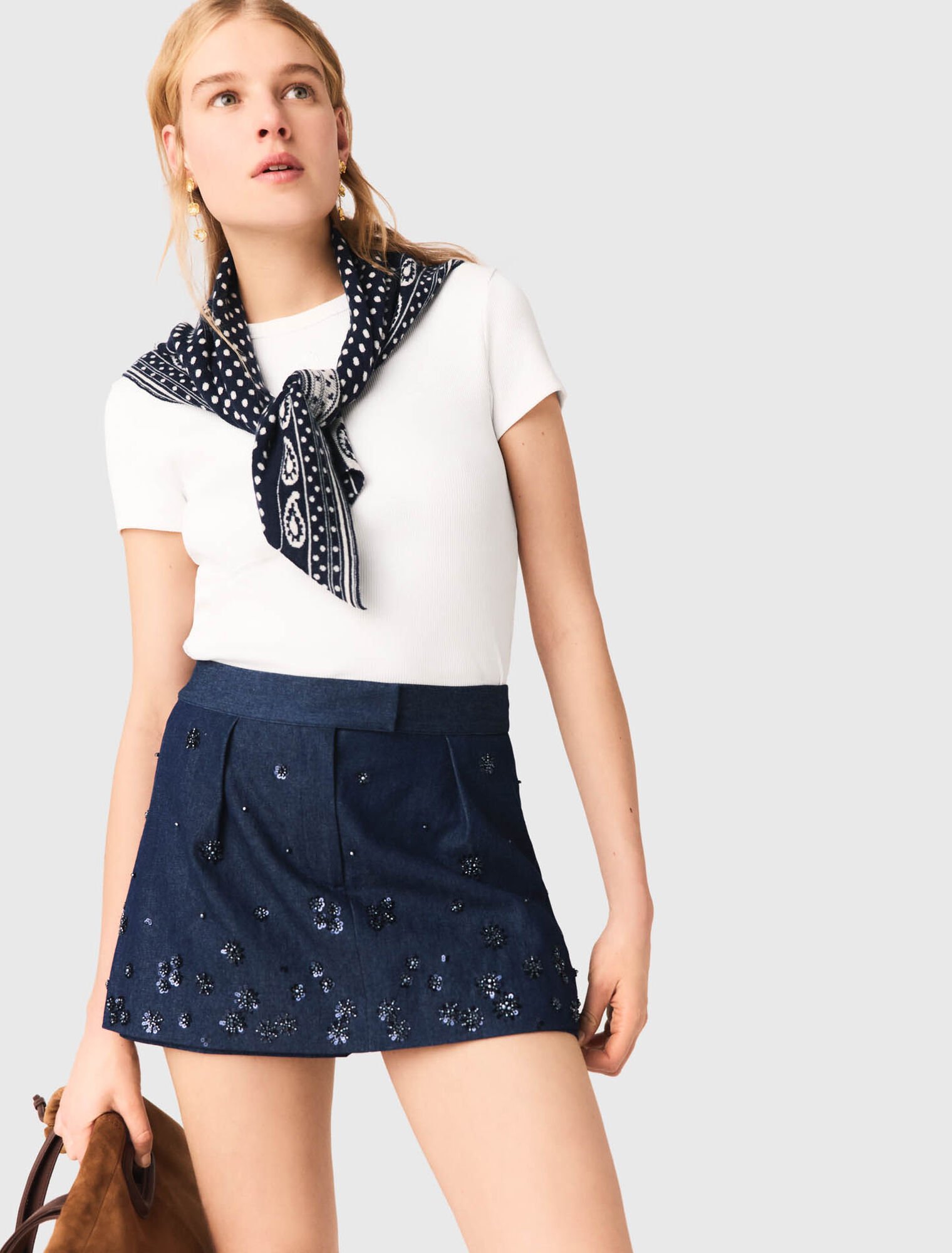 Embroidered layered denim shorts