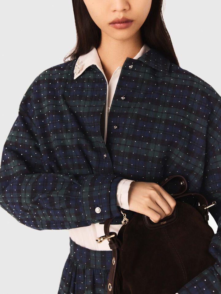 Checked rhinestone cropped shirt