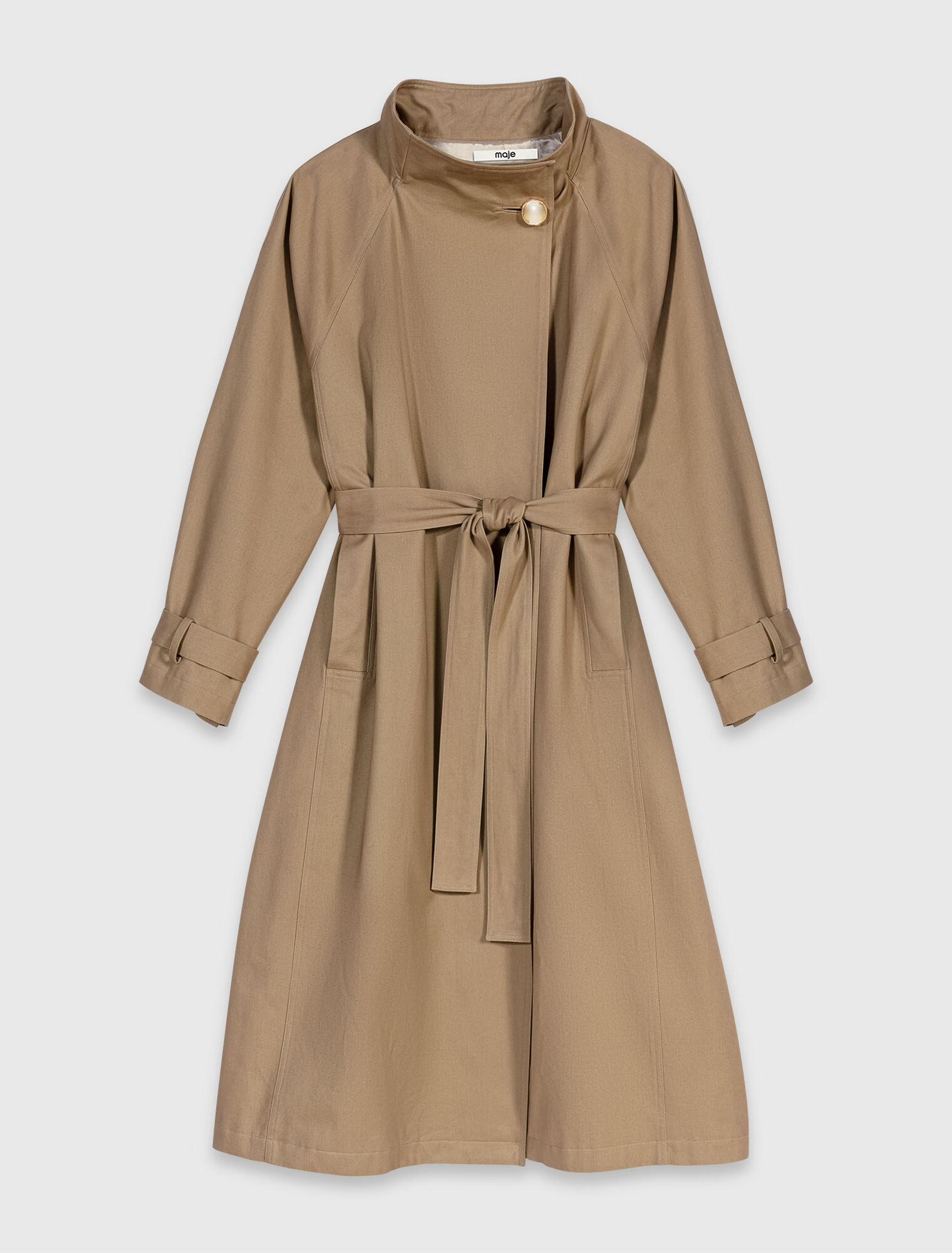 Long belted trench, gold buttons