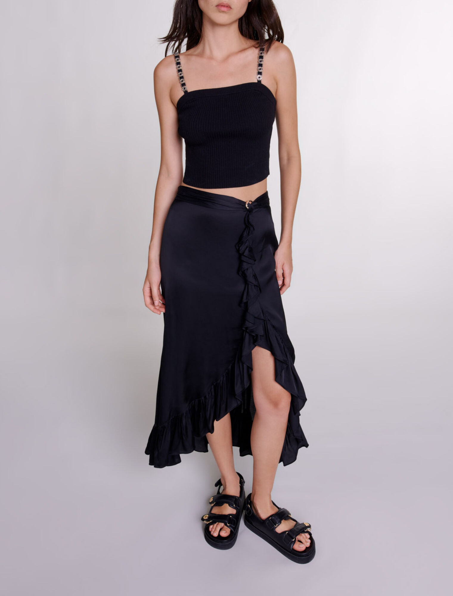Long satin-effect ruffled skirt