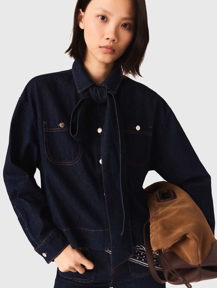 Denim shirt with pussy bow