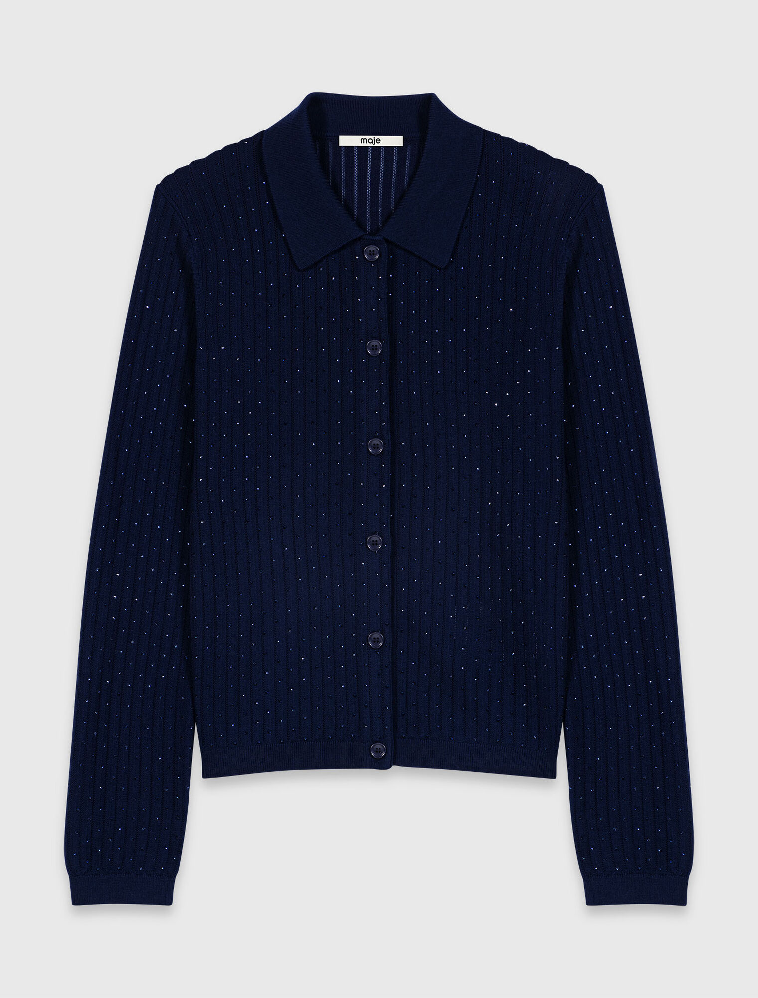 Rhinestone polo collar cardigan